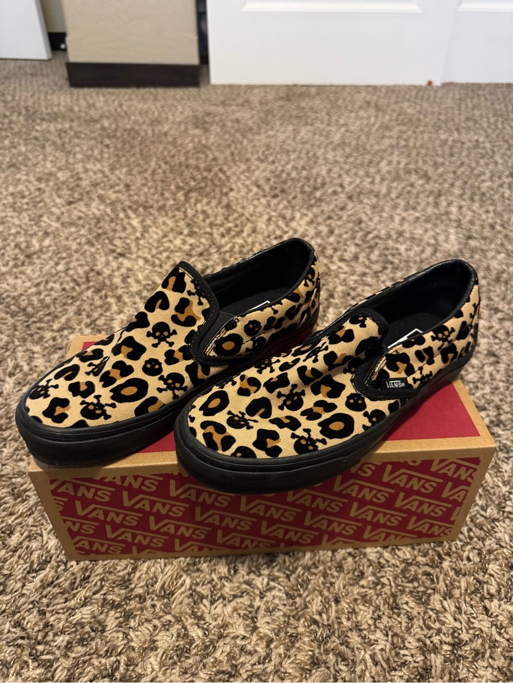 Vans Leopard Print Slip-On Sneakers in Black and Tan
